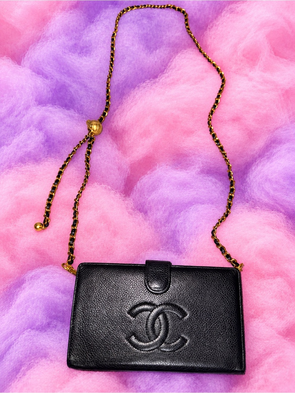 CHANEL Black Caviar Leather Long Wallet with Embossed CC